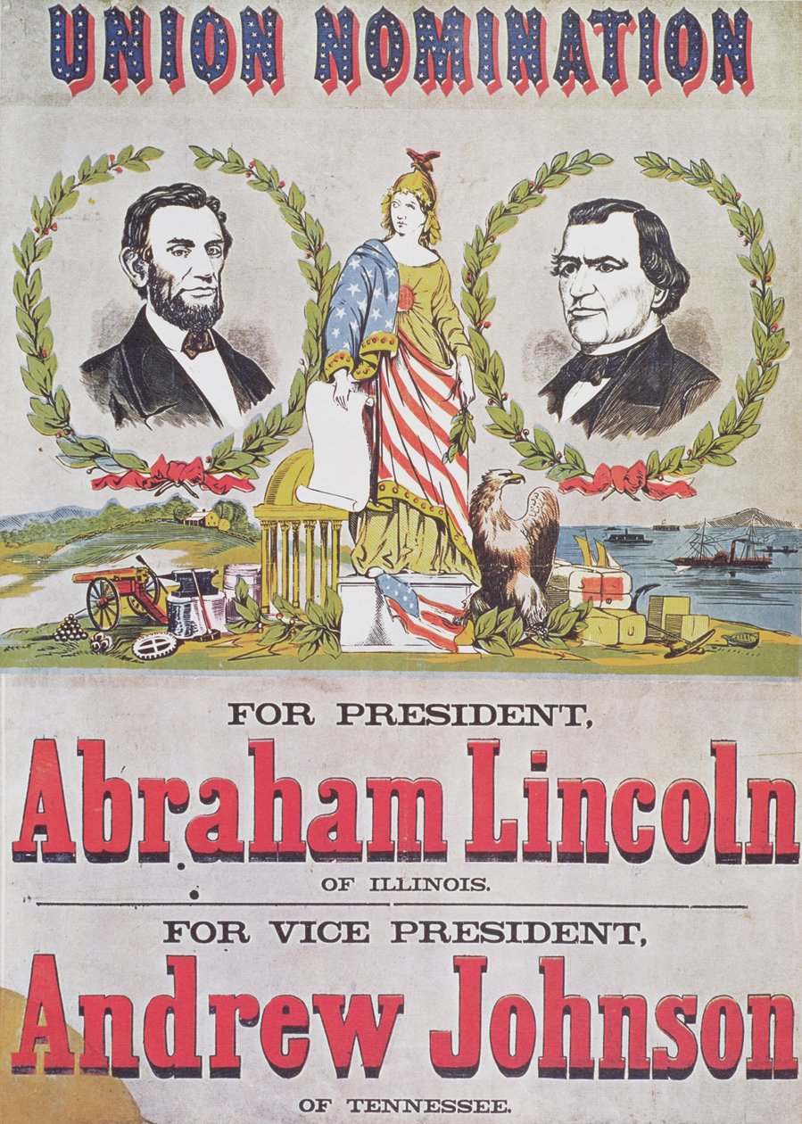 Verkiezingsposter voor de nominatie van de Unie met Abraham Lincoln als president en Andrew Johnson als vice-president door American School