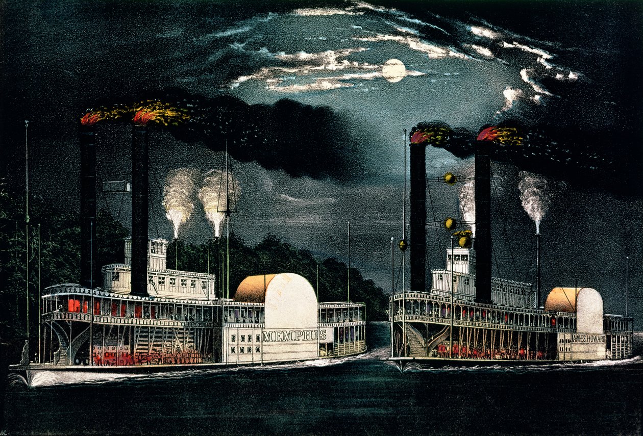 Middernachtrace op de Mississippi, gepubliceerd door Currier en Ives door American School