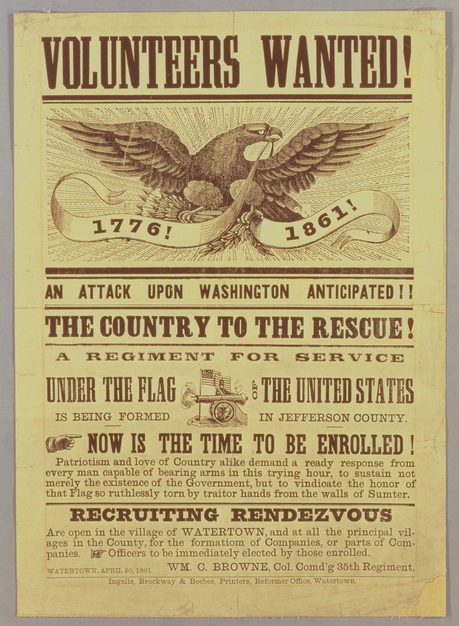 Burgeroorlog wervingsposter, 1861 door American School