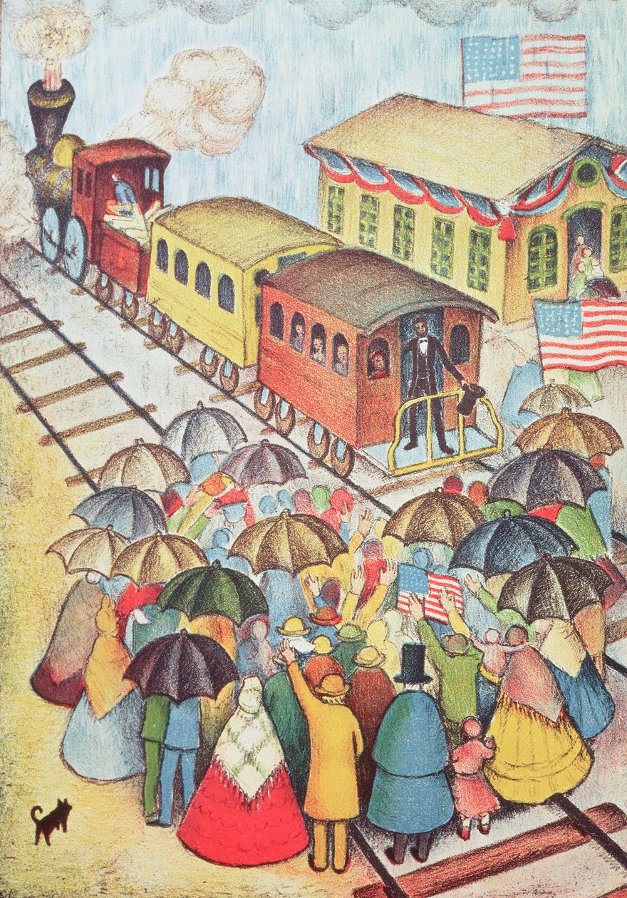 Lincoln vertrekt per trein uit Springfield, Illinois door American School