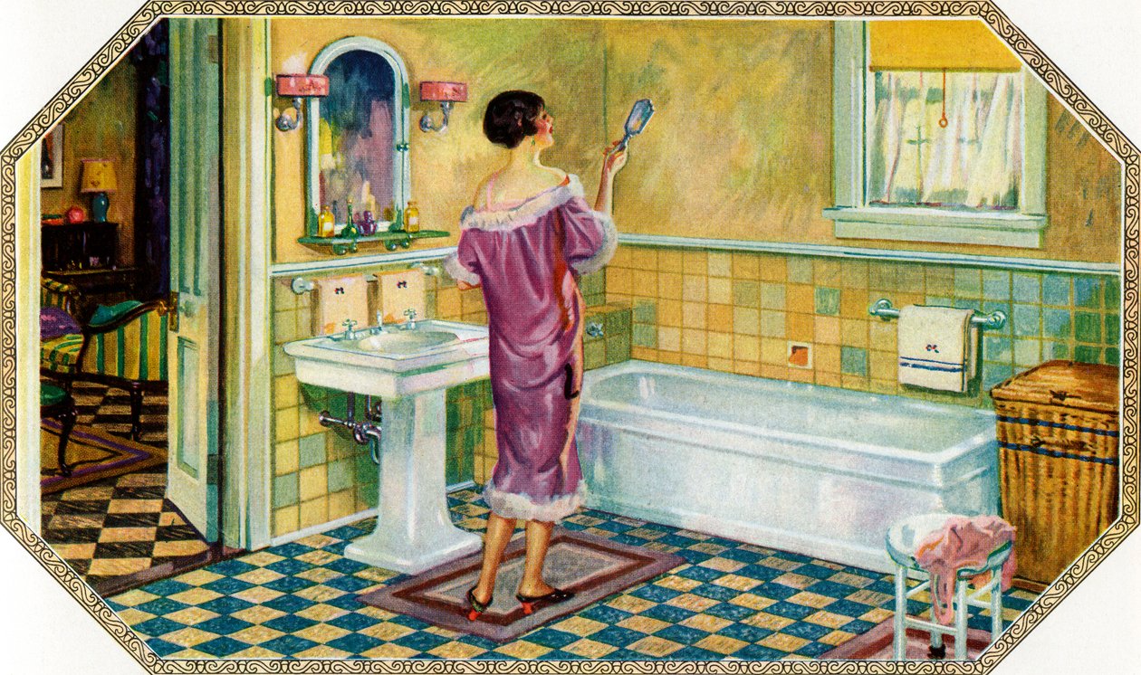 Vrouw Staand in een Art Deco Badkamer door American School