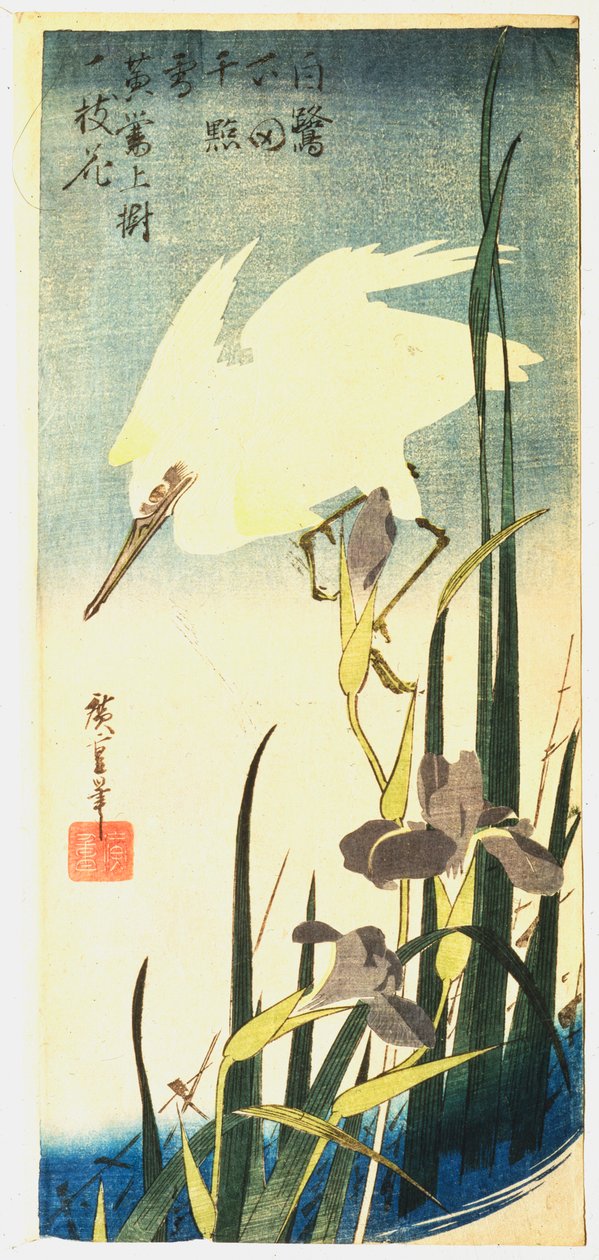 Witte reiger en irissen door Ando Hiroshige