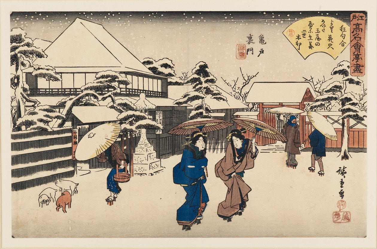 Houtsnede - Dames in de sneeuw door Ando Hiroshige