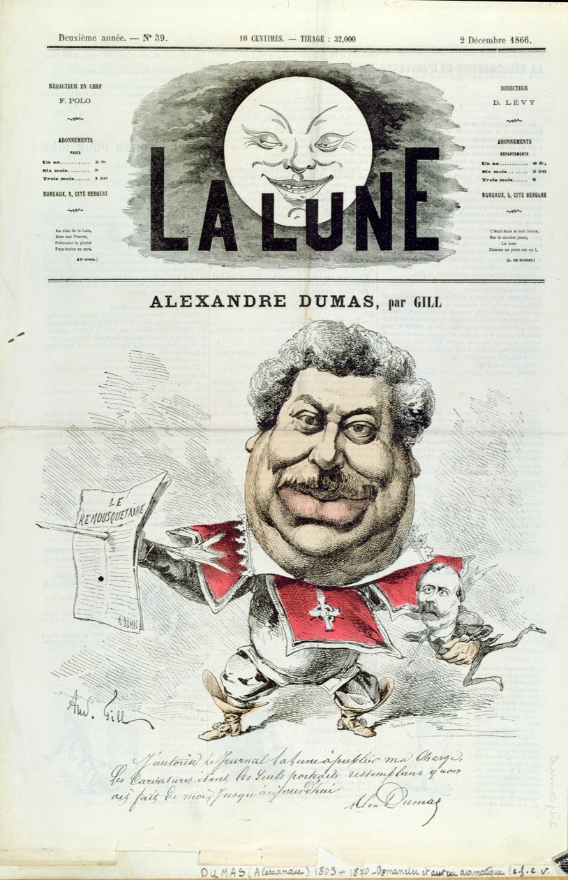 Karikatuur van Alexandre Dumas père (1803-70) als een Musketier, van de voorpagina van 