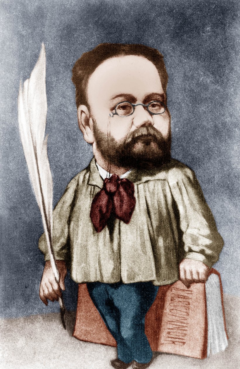 Spotprent van de Franse schrijver Emile Zola (gravure) door Andre Gill