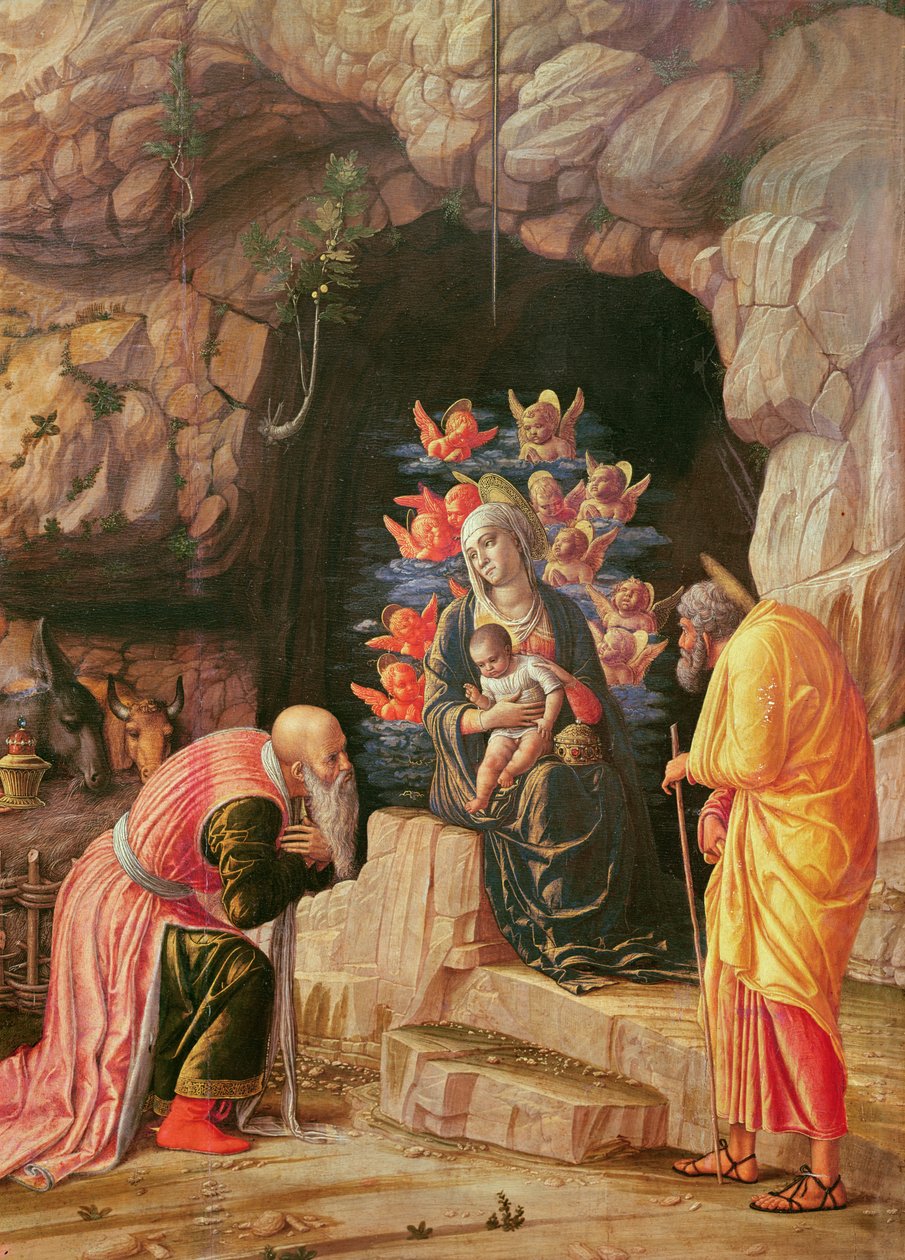 Aanbidding van de Wijzen drieluik, detail (aanbidding): de Maagd, Sint Jozef en een wijze man, ca.1466 door Andrea Mantegna