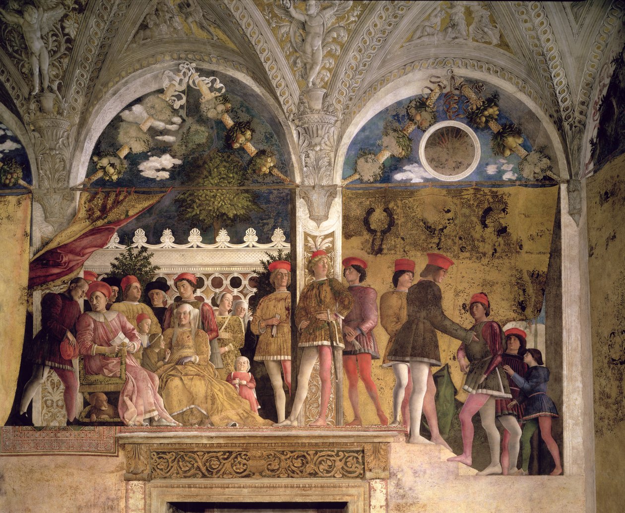 Markies Ludovico Gonzaga III van Mantua (reg. 1444-78), zijn vrouw Barbara van Brandenburg, kinderen, hovelingen en hun hond Rubino, uit de Camera degli Sposi of Camera Picta, 1465-74 (detail) door Andrea Mantegna