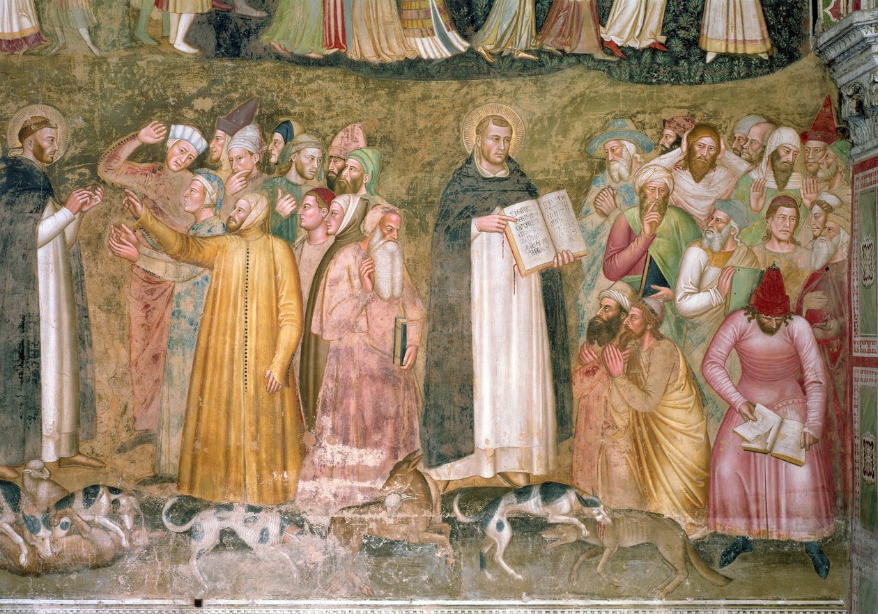 De Kerk Strijdend en Triomferend, detail van SS. Thomas en Petrus die de ketters weerleggen, uit de Spaanse Kapel, ca. 1369 (detail) door Andrea di Bonaiuto