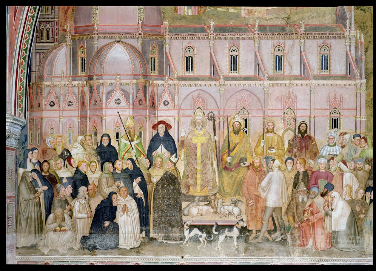 De Kerk Strijdend en Triomferend, detail van de seculiere autoriteiten met Santa Maria del Fiore op de achtergrond, uit de Spaanse Kapel, ca. 1369 (detail) door Andrea di Bonaiuto