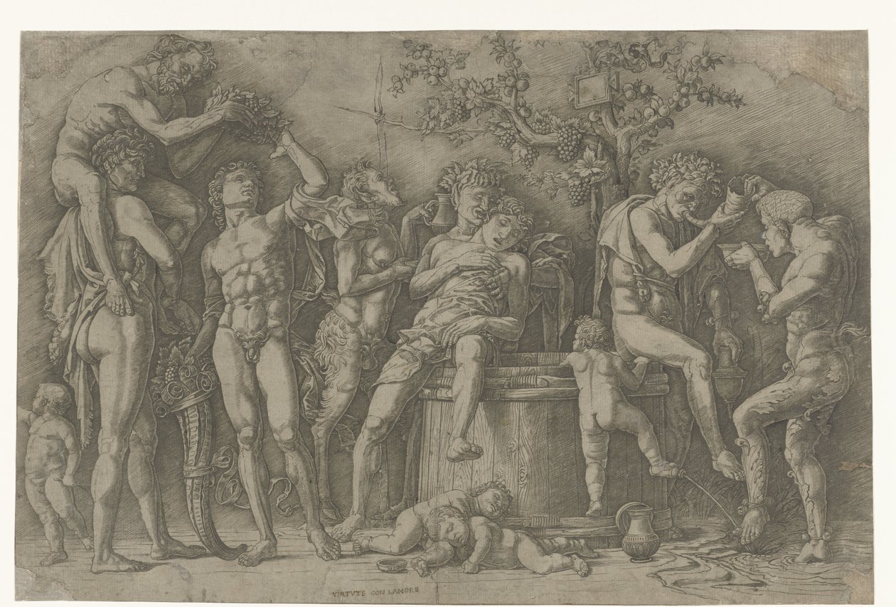 Bacchanaal met satyrs en bacchanten bij wijnpers door Andrea Mantegna