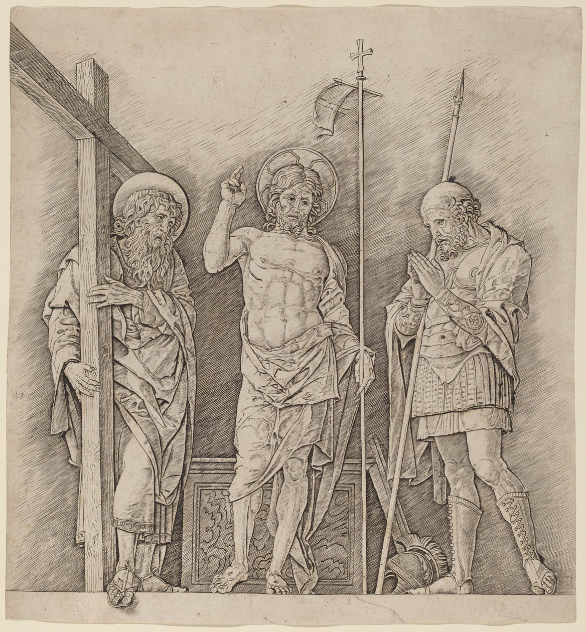 Verrezen Christus tussen Sint Andreas en Longinus door Andrea Mantegna