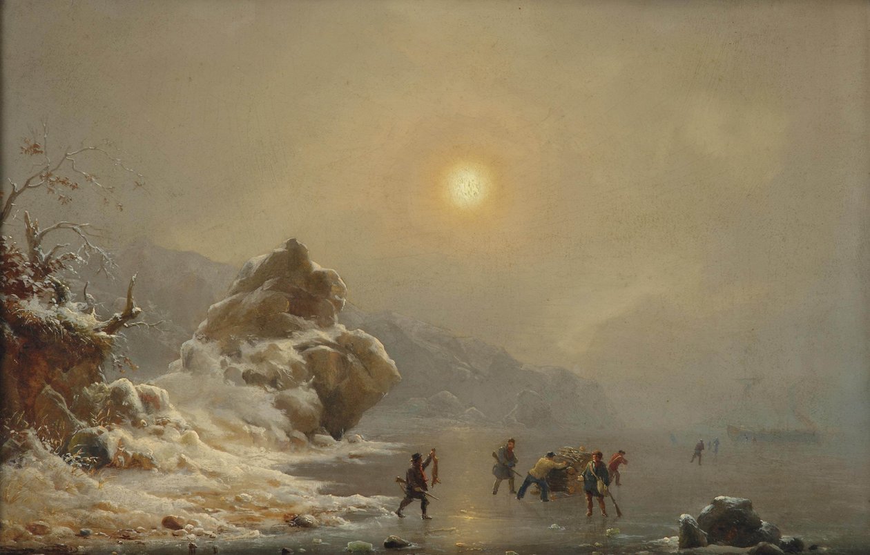 Een winterlandschap met jagers op het ijs door Andreas Achenbach