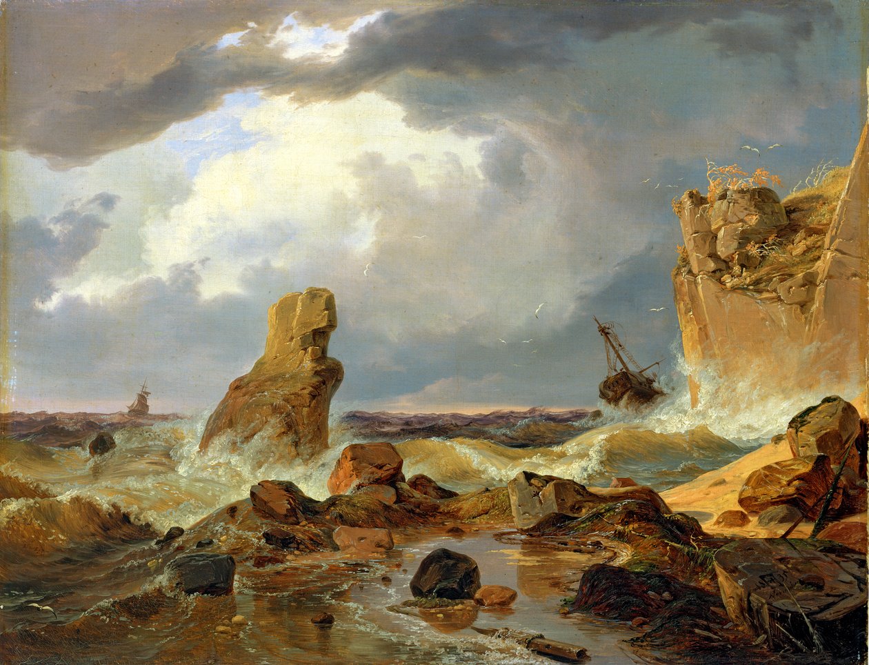 Branding op een rotsachtige kust, 1835 door Andreas Achenbach