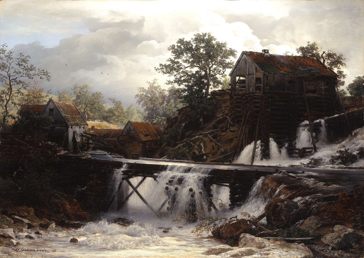 Een houtzagerij in Westfalen door Andreas Achenbach