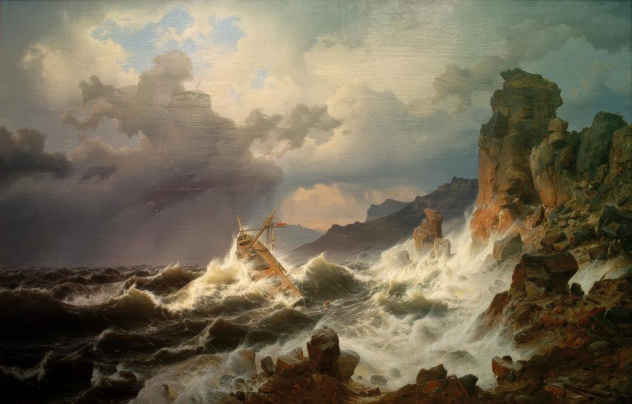 Een zeestorm aan de Noorse kust door Andreas Achenbach