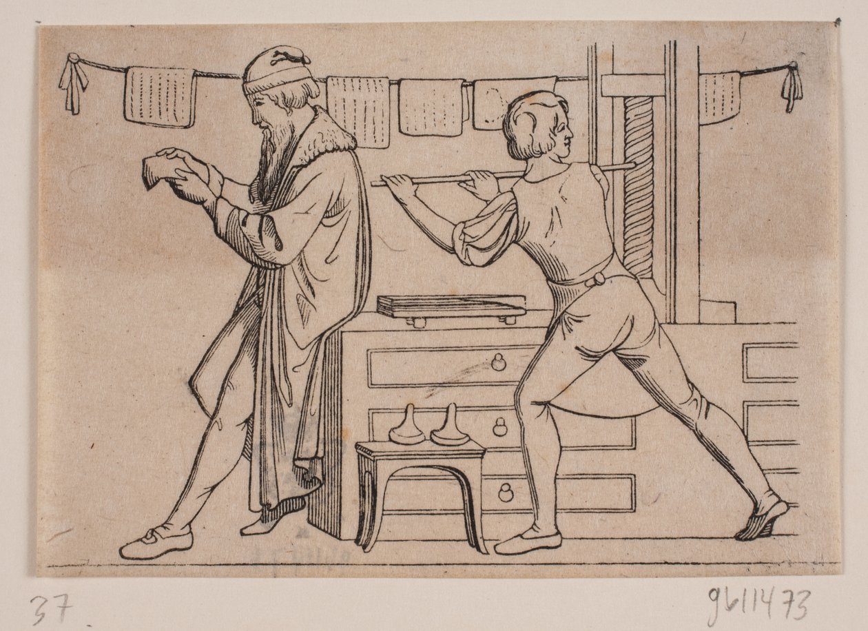 Johannes Gutenberg in zijn werkplaats door Andreas Flinch