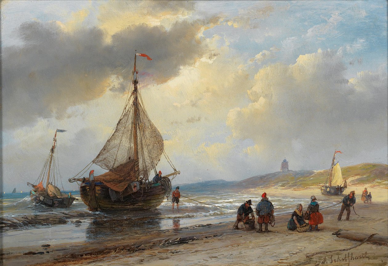 Drukte op het strand van Scheveningen door Andreas Schelfhout