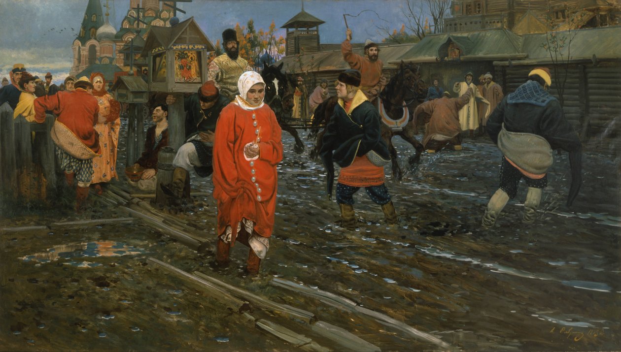 Een 17e-eeuwse straat in Moskou op een feestdag door Andrei Petrovich Ryabushkin