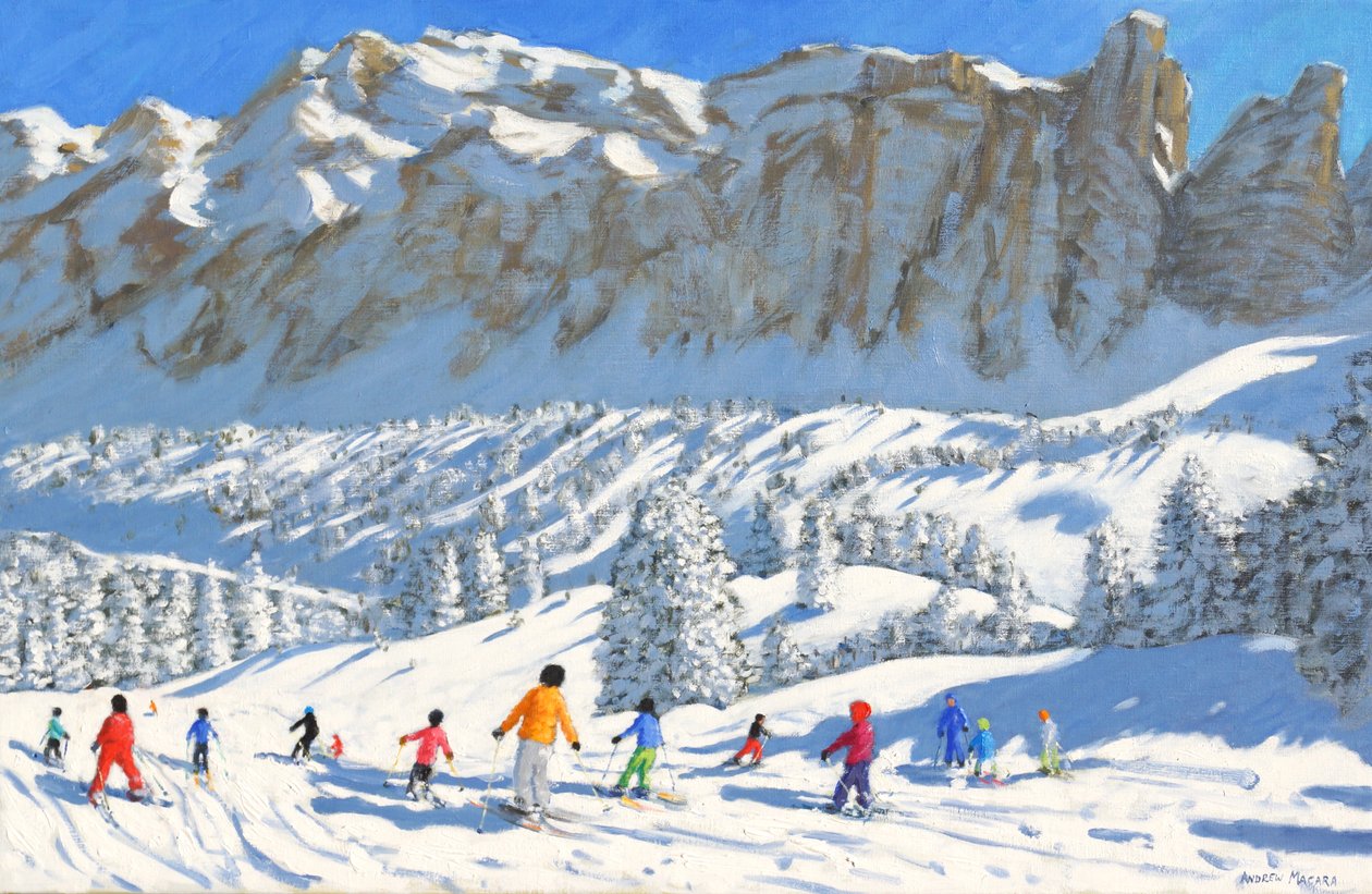 Kleurrijke skiërs, Val Gardena, Italië door Andrew Macara