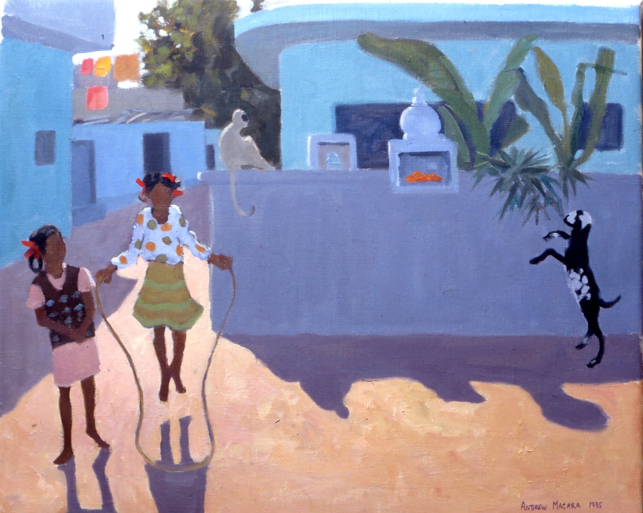 Huppelend meisje, aap en geit, India door Andrew Macara