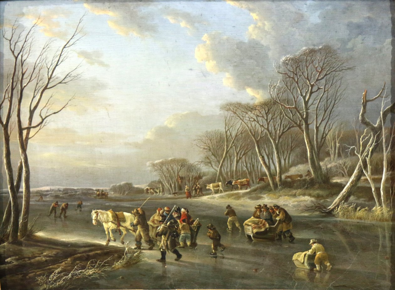 Reizigers in een slee op een rivier in Nederland door Andries Vermeulen