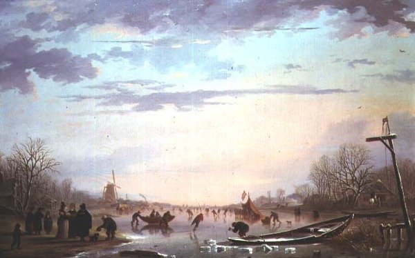Schaatsscène op een bevroren rivier door Andries Vermeulen