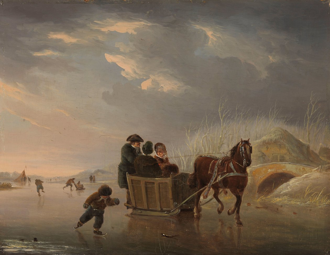 Winterscène (paardenslee op het ijs) door Andries Vermeulen