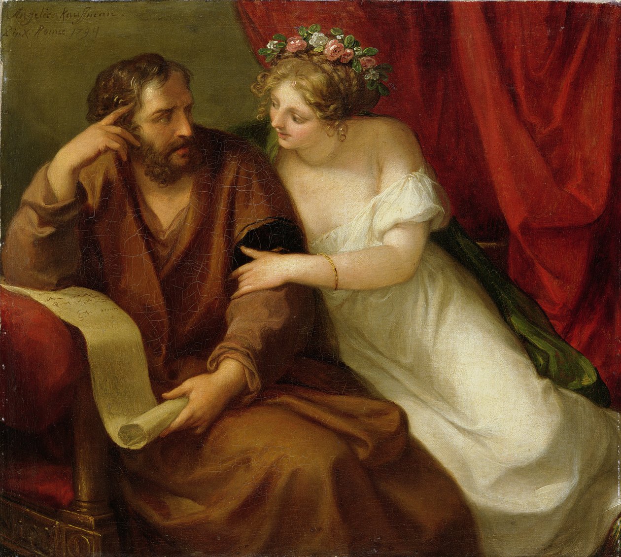 Phryne verleidt de filosoof Xenokrates, 1794 door Angelica Kauffmann