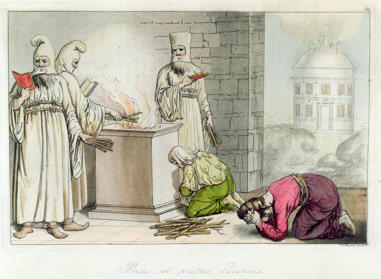 Brandstapel met Perzische priesters, illustratie uit 