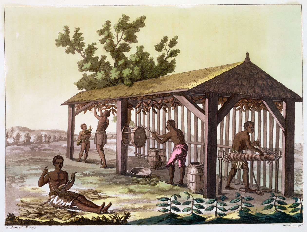 Slaven die tabak voorbereiden, Virginia, VS, ca. 1790 door Angelo Biasioli
