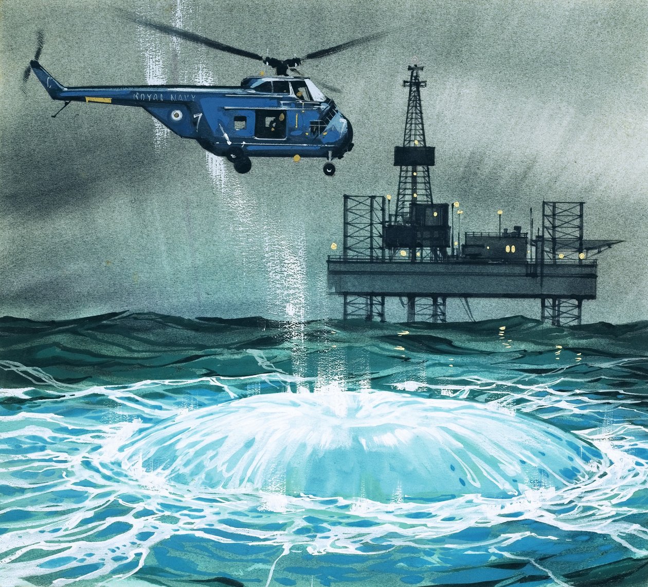 Een helikopter nadert een booreiland door Angus McBride