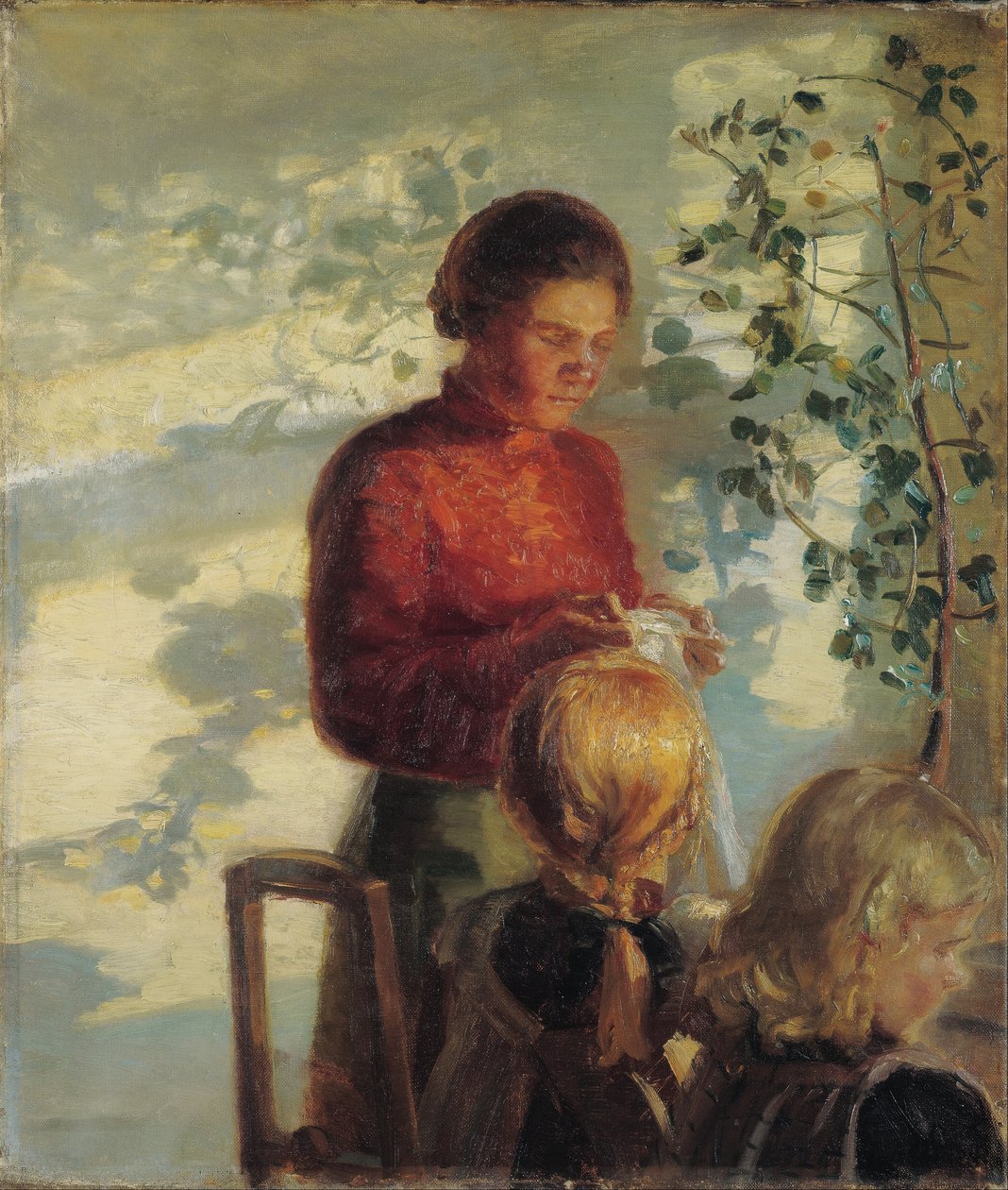 Twee kleine meisjes leren naaien door Anna Ancher