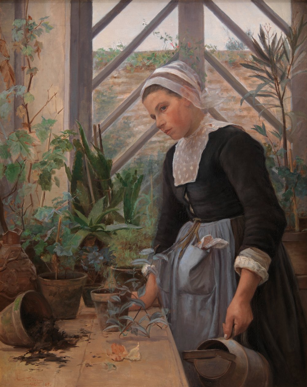 Bretons meisje zorgt voor planten in de kas door Anna Petersen