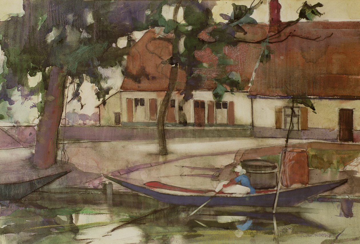 Boot op een kanaal, Frans dorp door Anne Redpath