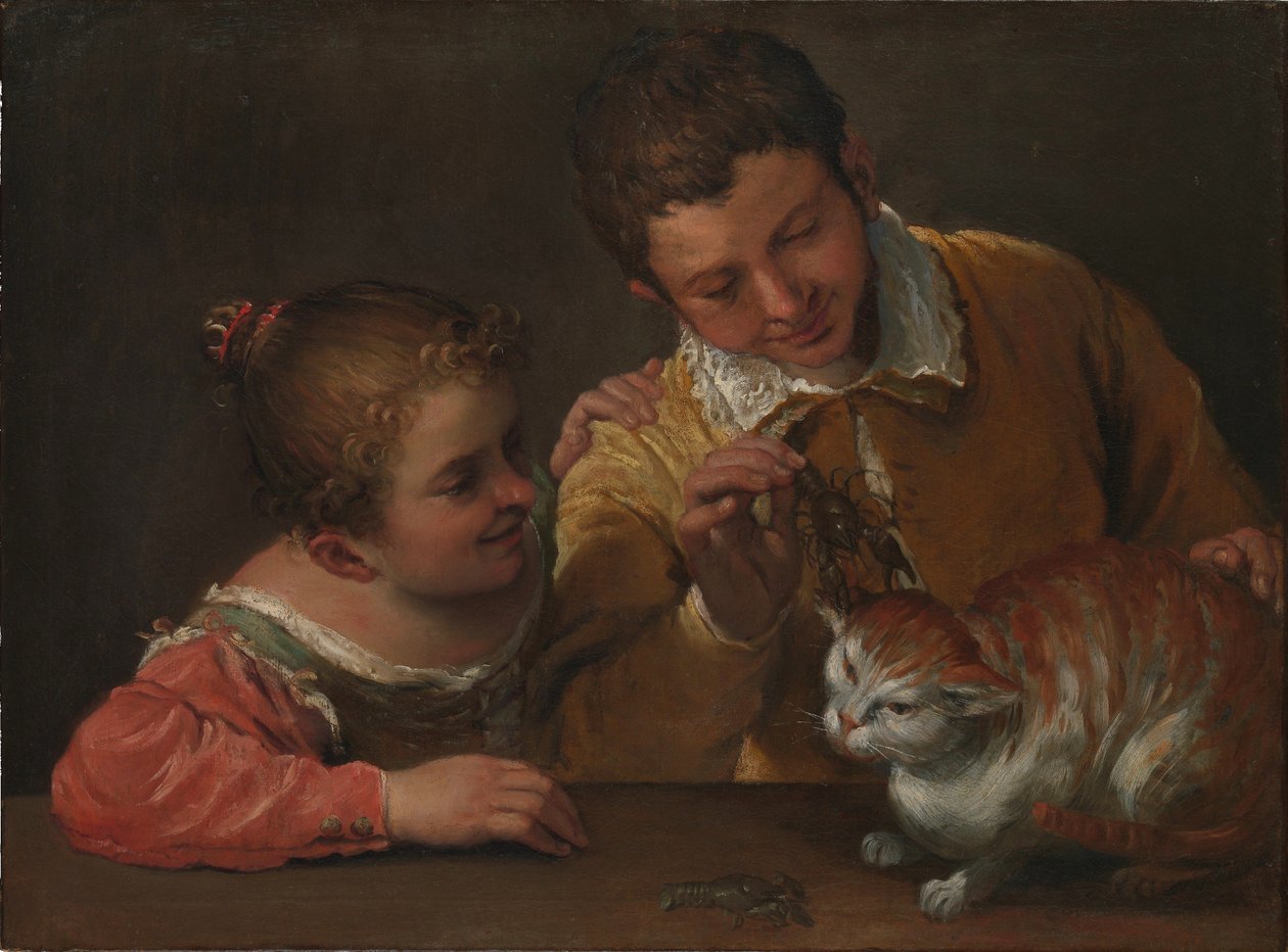 enTwee kinderen plagen een kat door Annibale Carracci