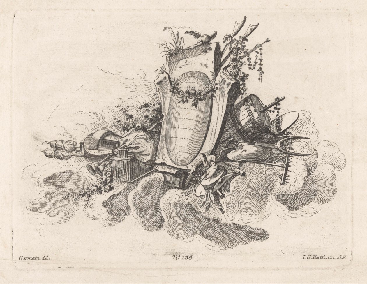 Cartouche met agrarische objecten door Anonymous