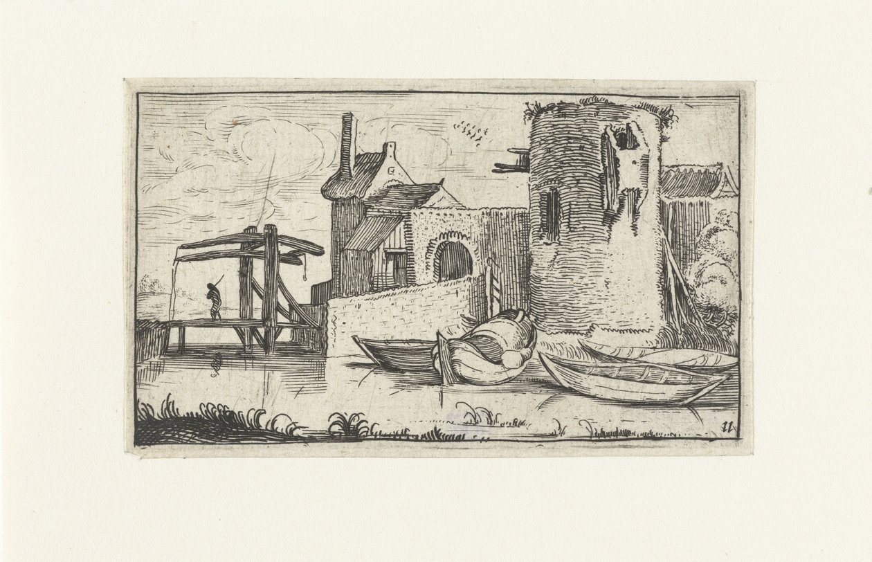 Gebouw met vervallen toren bij een ophaalbrug door Anonymous