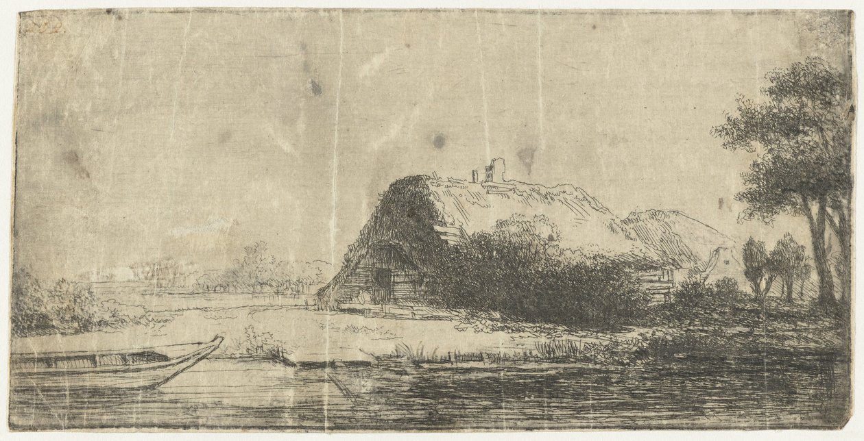 Kanaal met boerderij en een boot door Anonymous