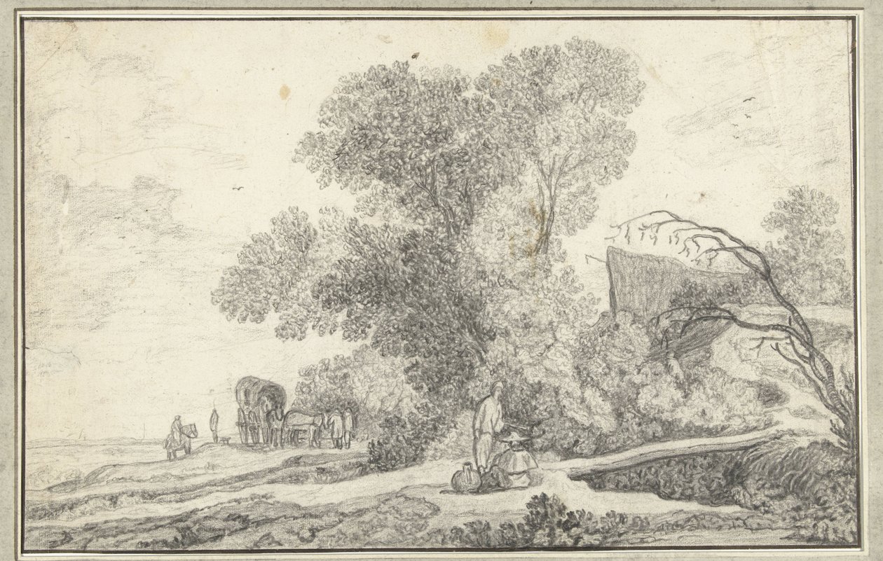 Landschap met boomgroep en huifkar door Anonymous