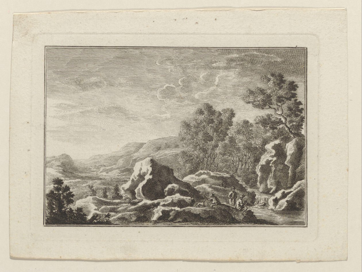 Landschap met drie mannen bij een beek door Anonymous