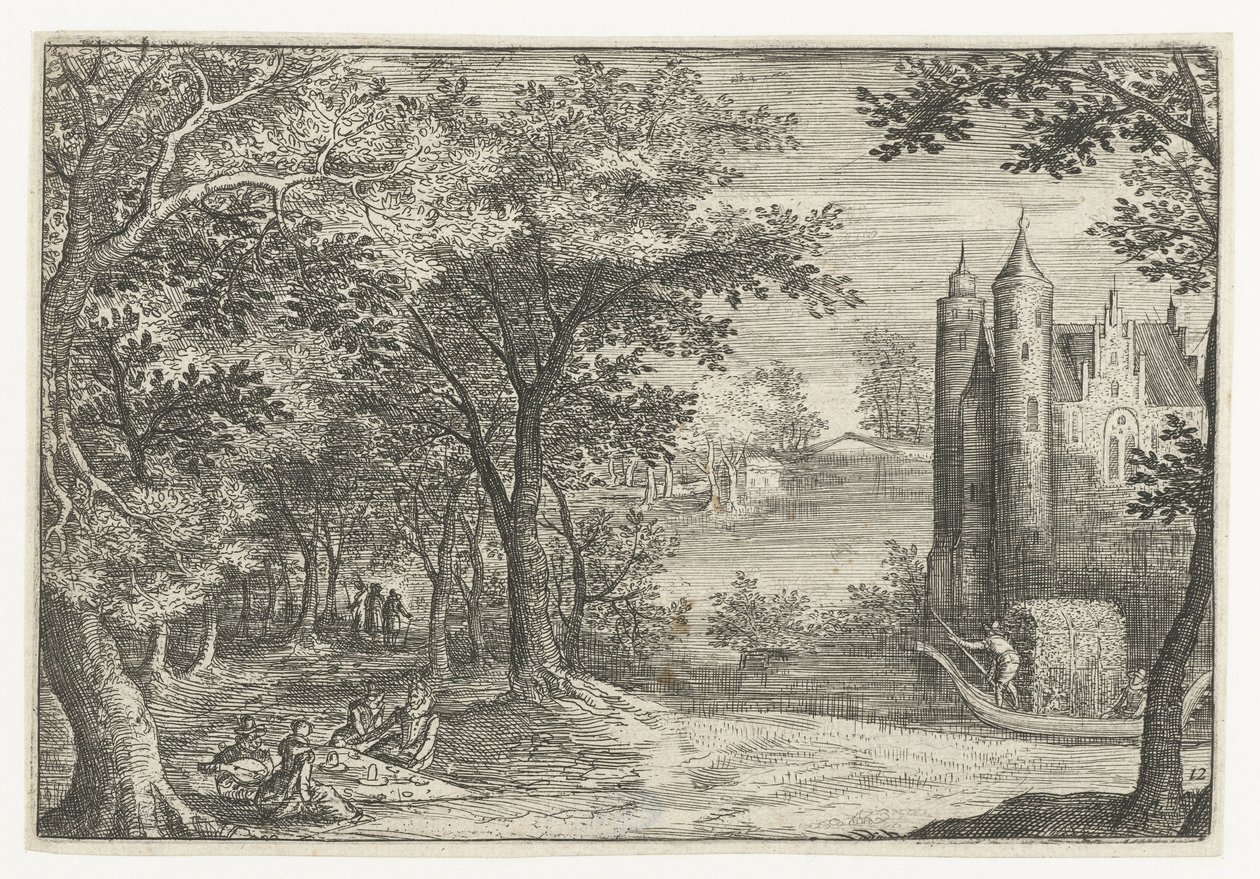 Picknick aan de bosrand bij een kasteel door Anonymous