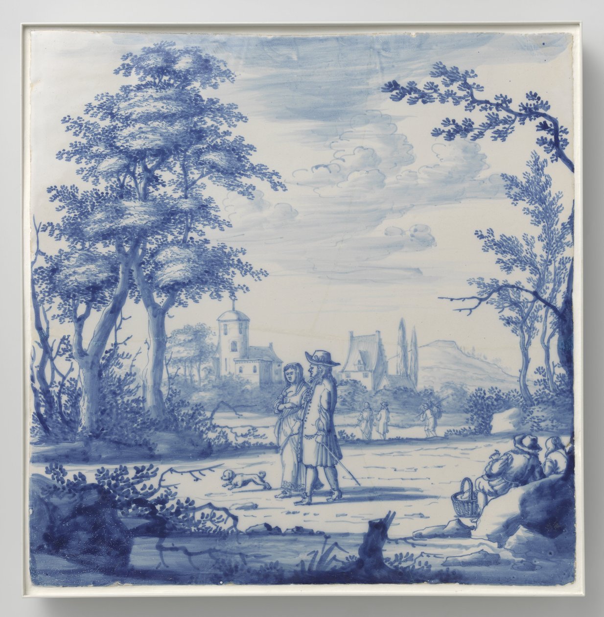 Plaat beschilderd met landschap met figuren door Anonymous