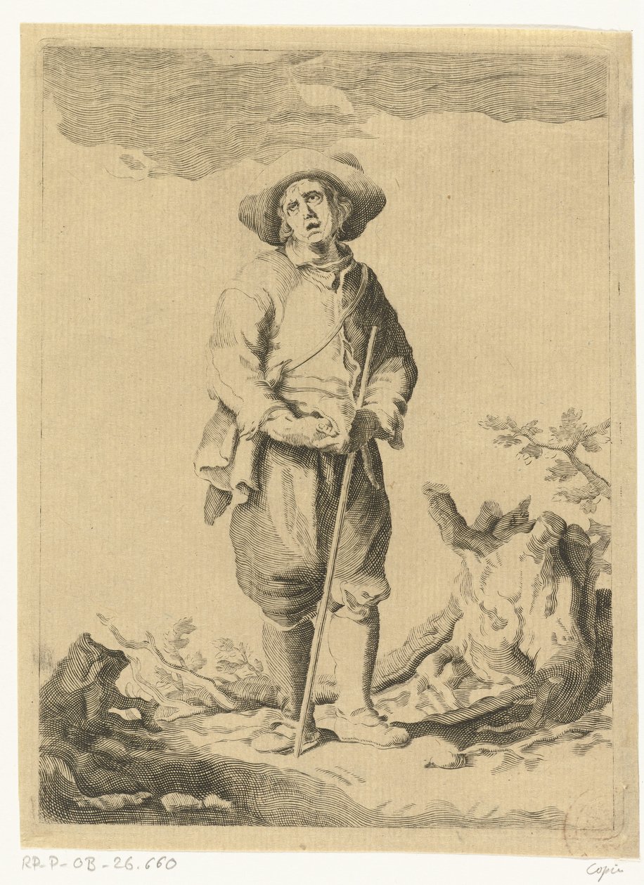 Staande man met stok in landschap door Anonymous
