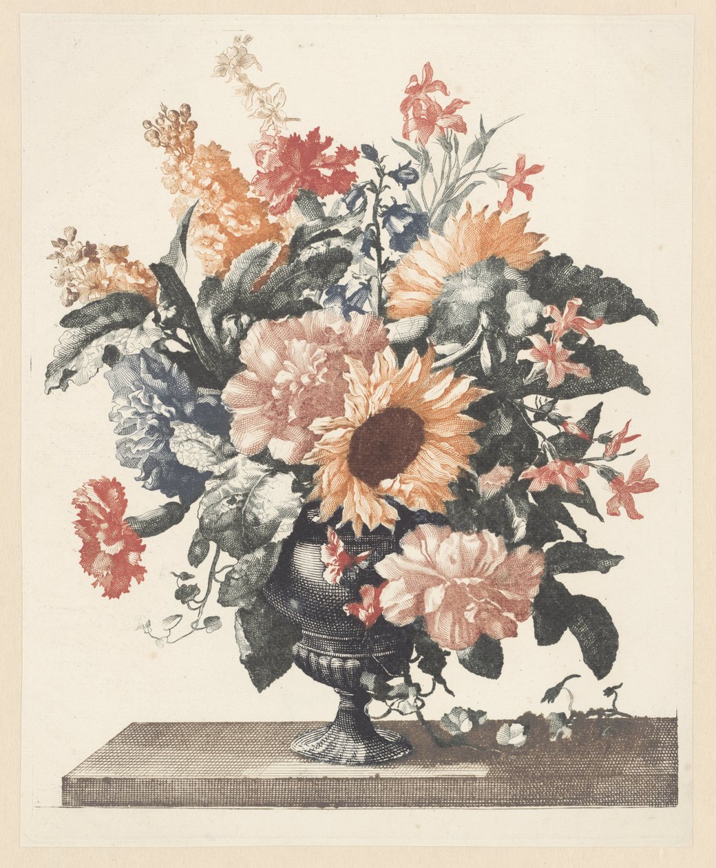 Stenen vaas met onder andere zonnebloemen en anjers door Anonymous
