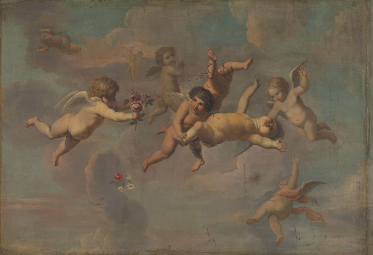 Tuimelende putti met bloemen door Anonymous