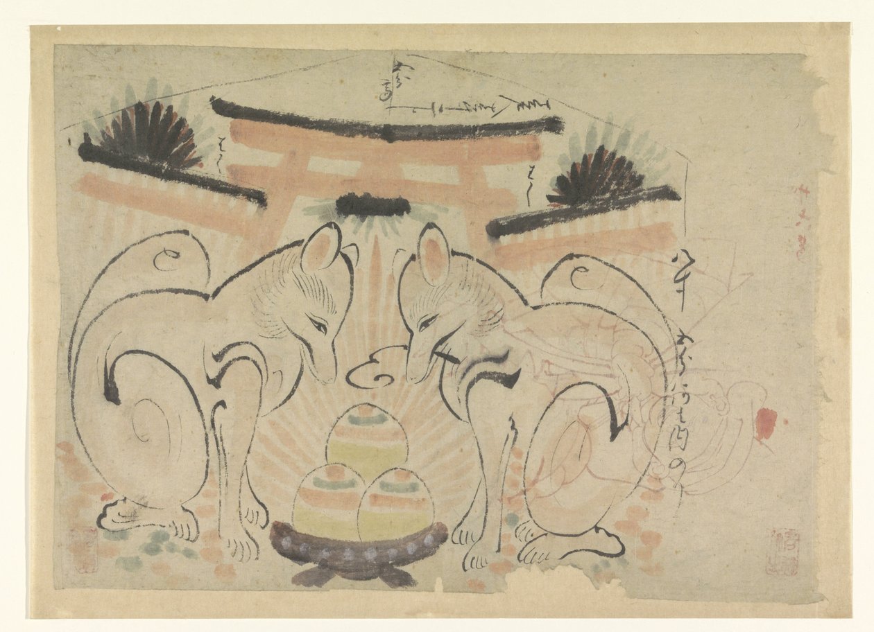 Twee vossen bij een Japanse tempel door Anonymous