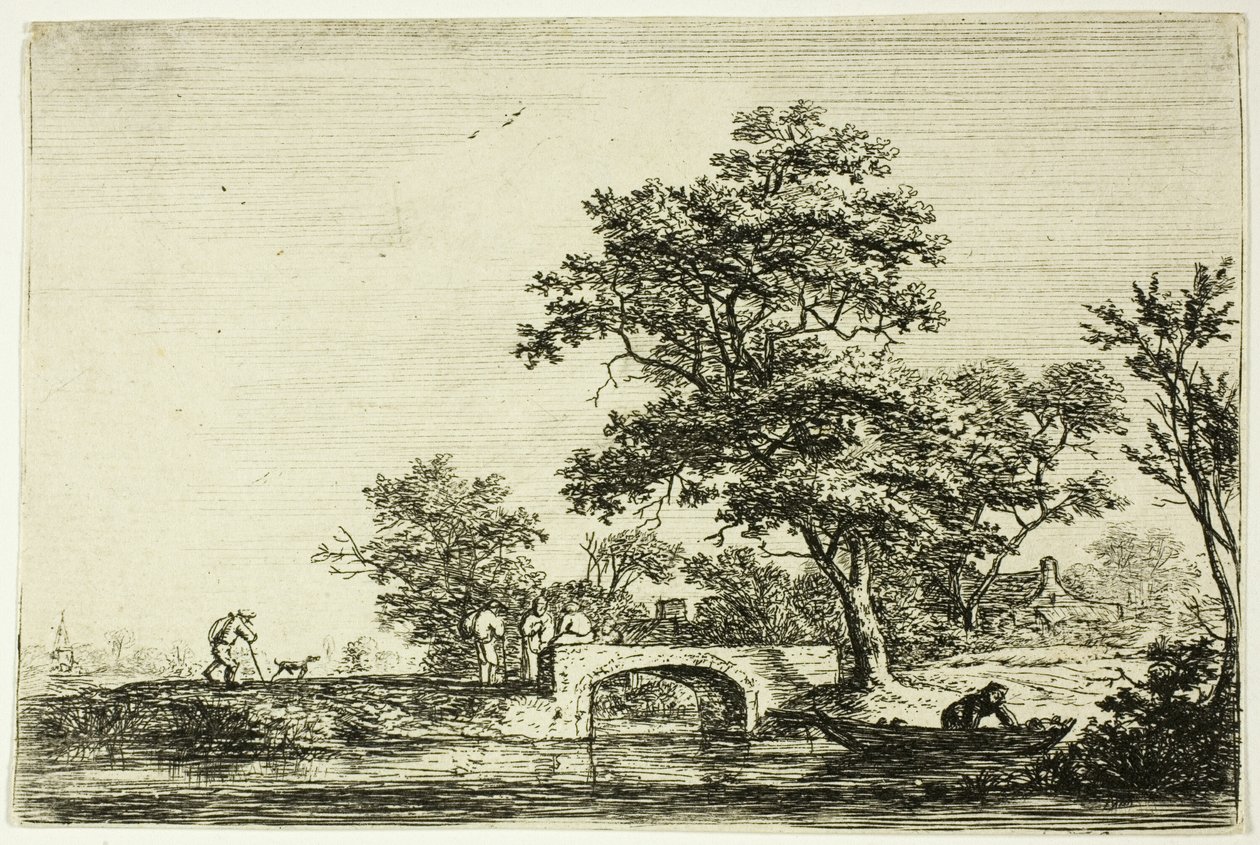 Vier mannen op een stenen brug door Anthonie Waterloo
