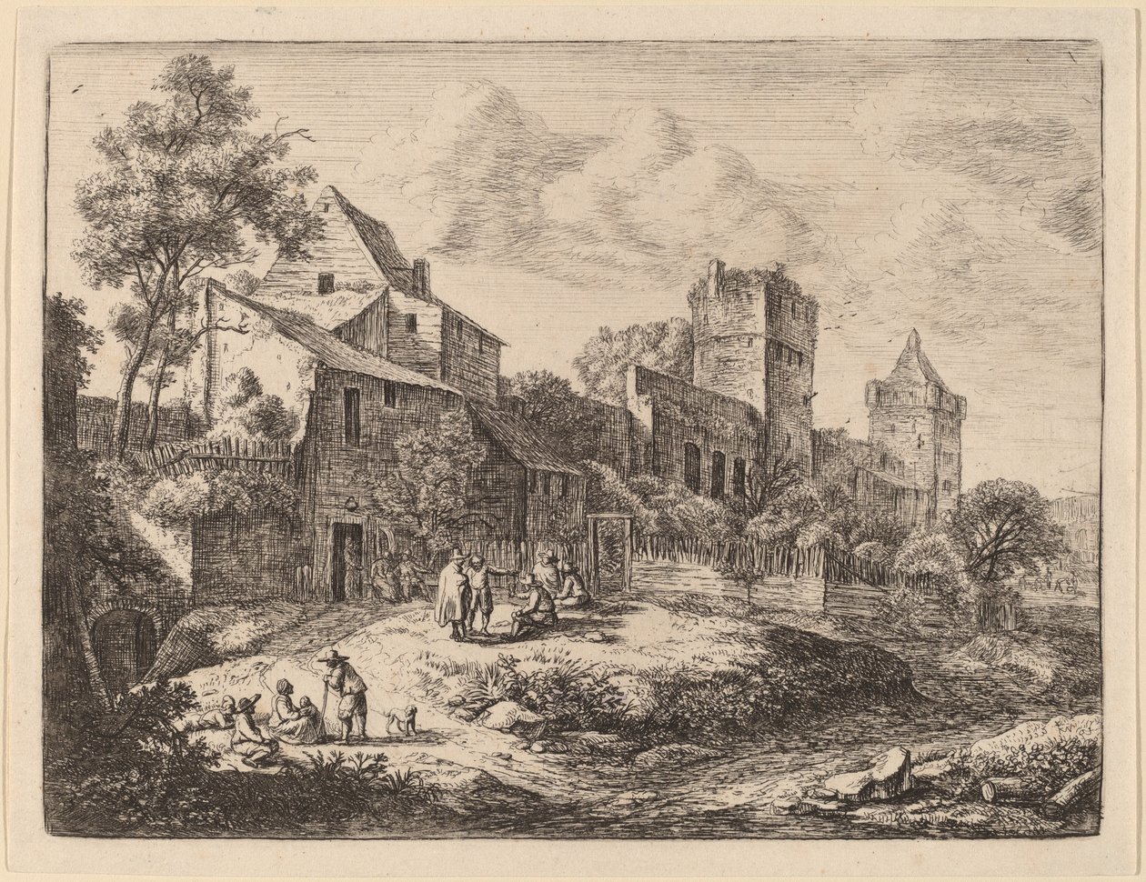 Plein voor een herberg door Anthonie Waterloo