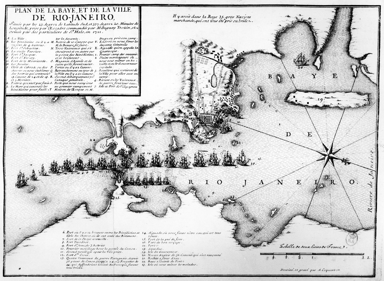 Plan van de Baai en Stad van Rio de Janeiro en de opstelling van de Franse en Portugese zeemachten tijdens de Franse aanval onder Duguay-Trouin in 1711, ca. 1730 door Antoine Coquart