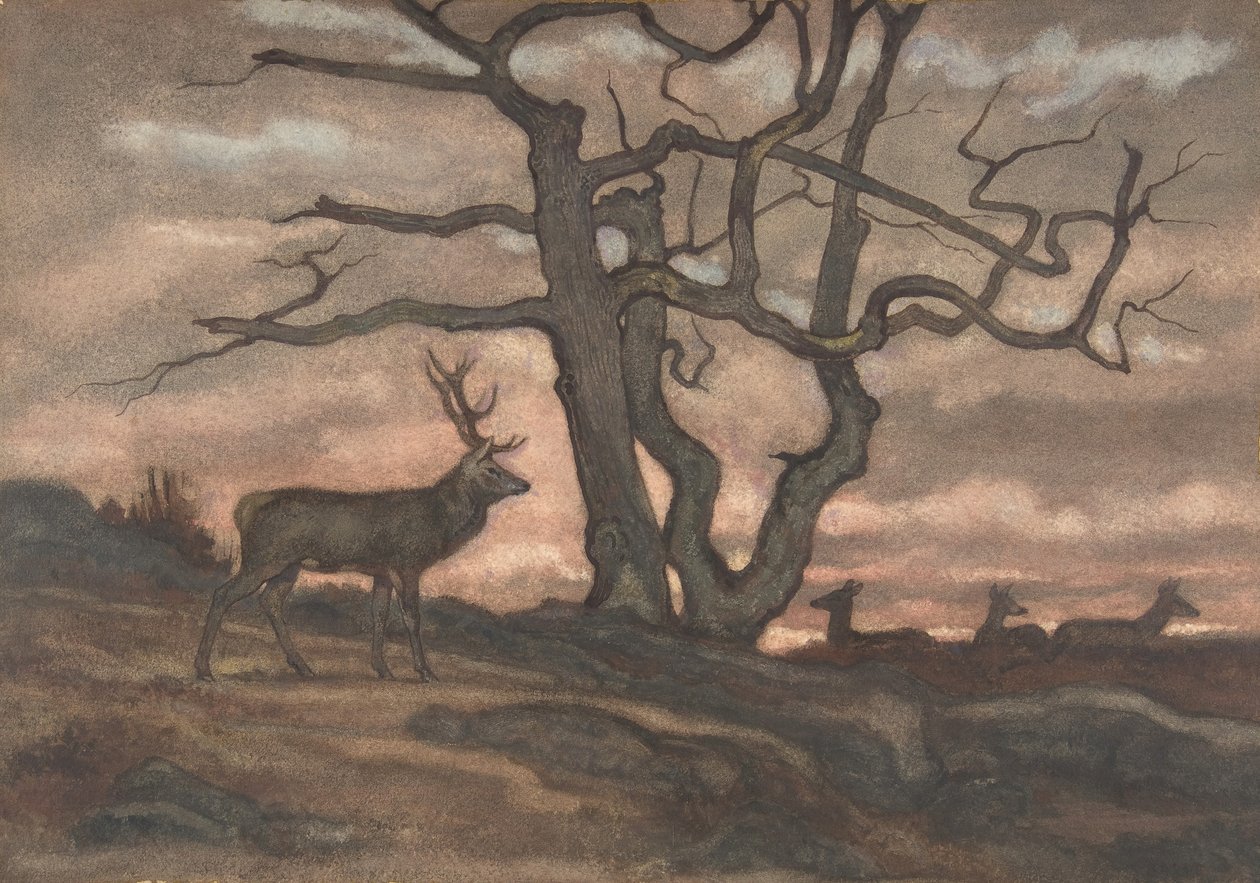 Hert en boom tegen zonsondergang, 1810-1875 door Antoine Louis Barye